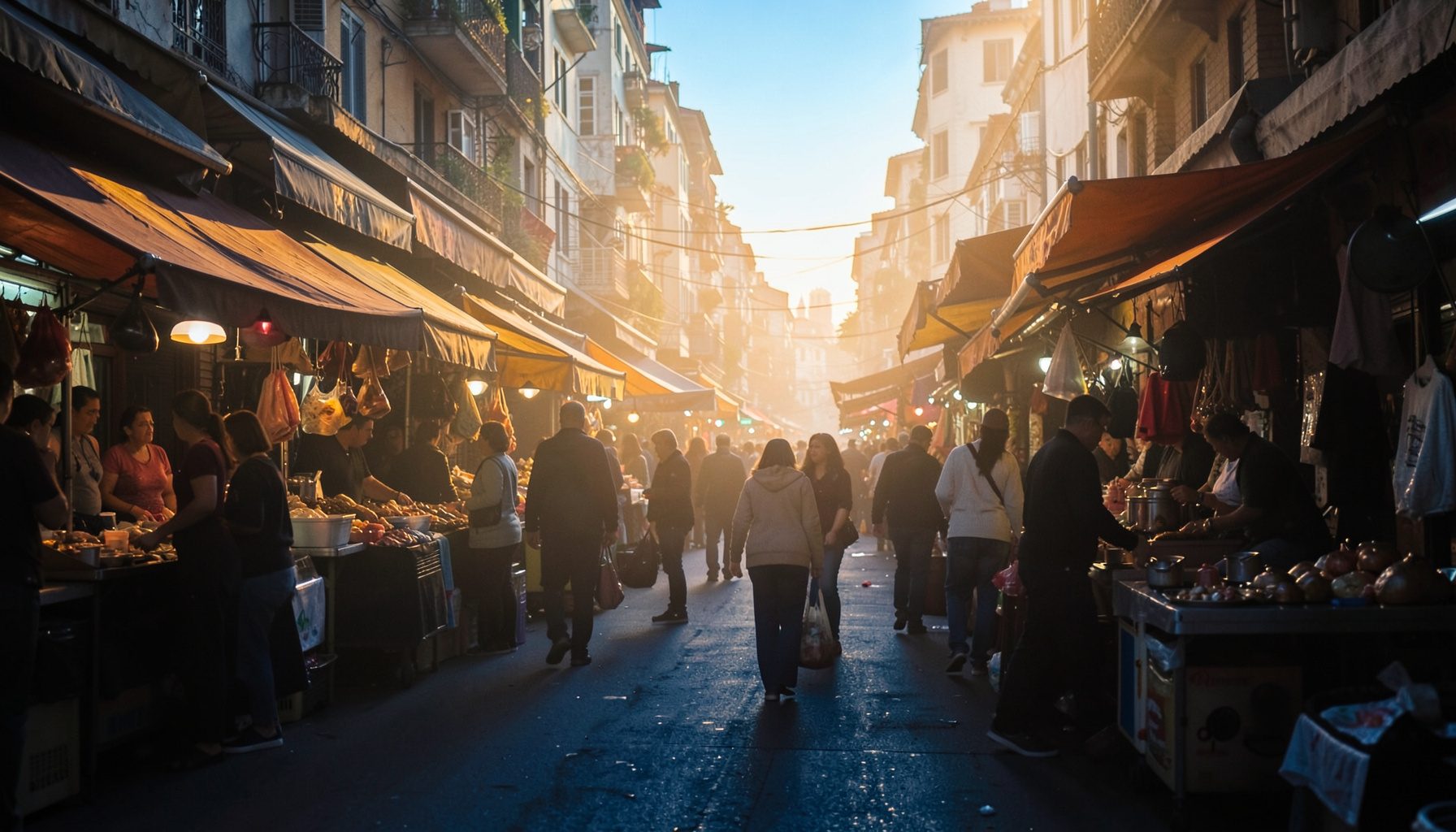 Warm golden-hour photo of a busy city street market with stalls and awnings glowing amber and gold