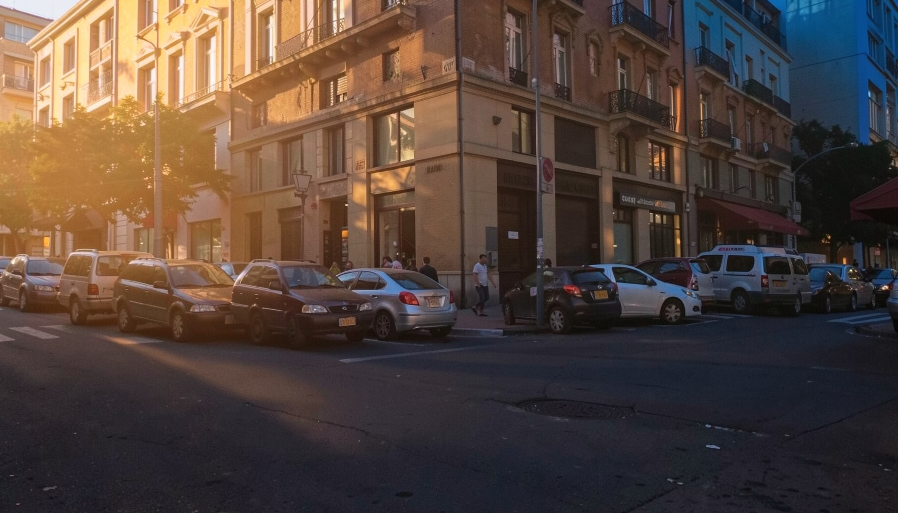 Warm golden-hour photo of a bank street corner with parked vehicles under warm amber evening light